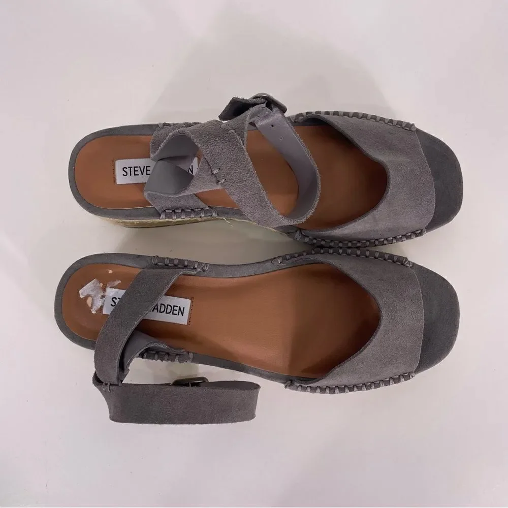 Steve Madden Elody Grey Leather Suede Espadrille Platform Sandals‎